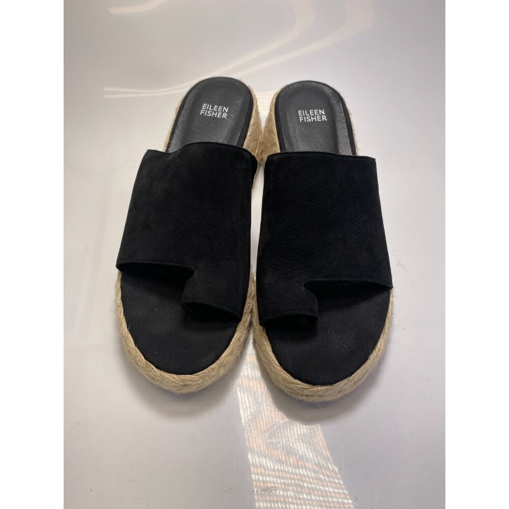 Eileen Fisher  Women's Tarry Toe Loop Espadrille Wedge Black Slide Sandal Sz 10